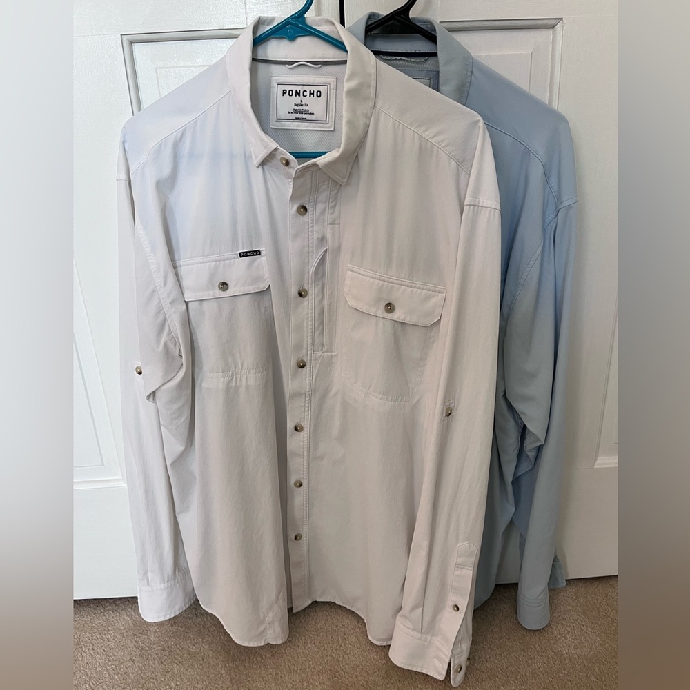 2 PONCHO Men's Casual Button-Down Shirts — White & Blue